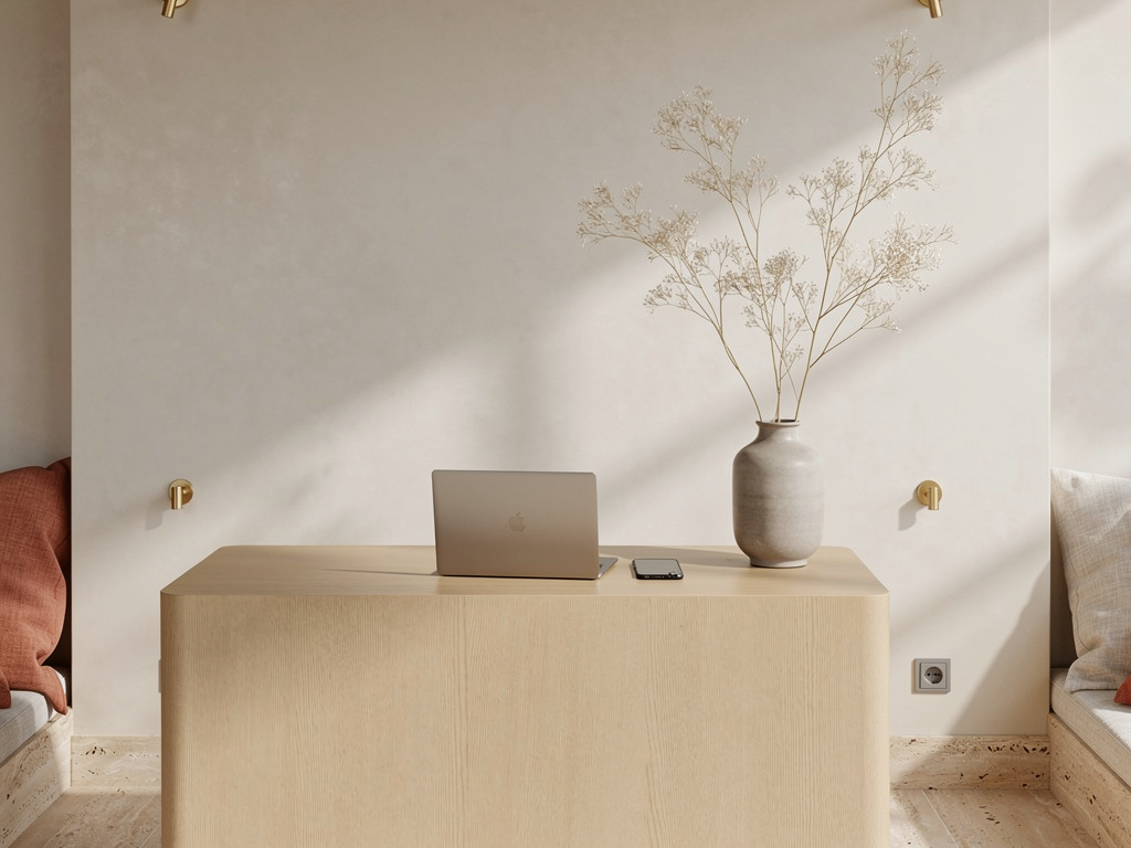 The studio entrance with a light oak desk, a closed laptop, a phone and a vase of dried branches against a sand off-whit