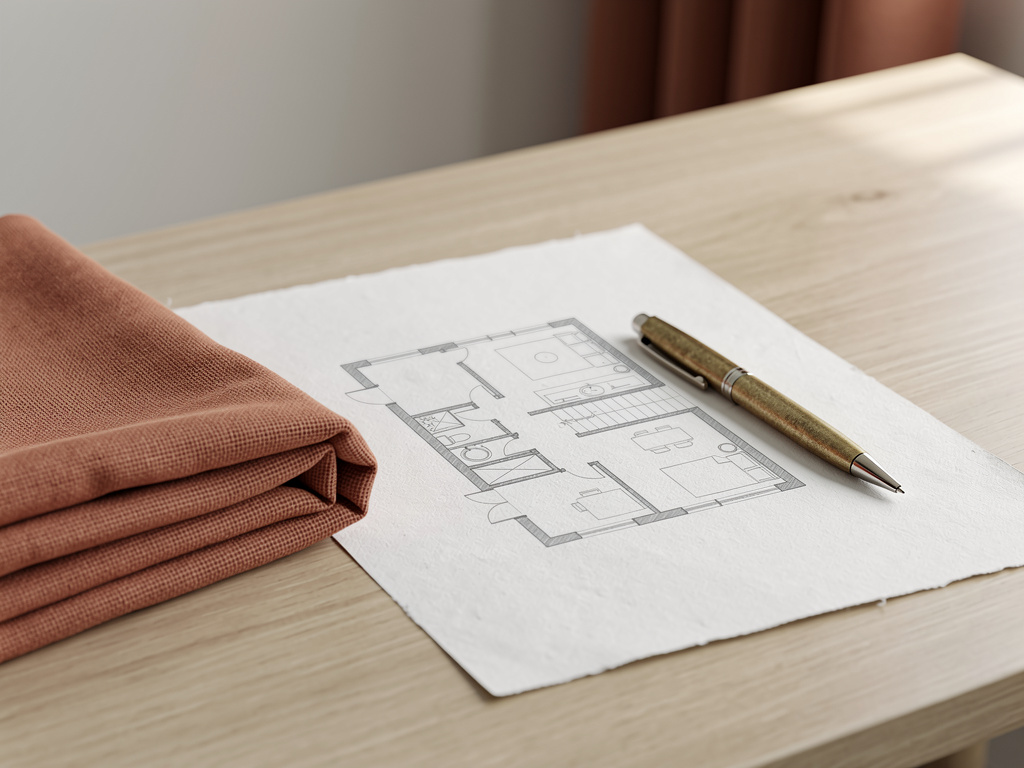 A close-up of a hand-drawn floor plan beside a terracotta fabric swatch and an aged-gold pen.