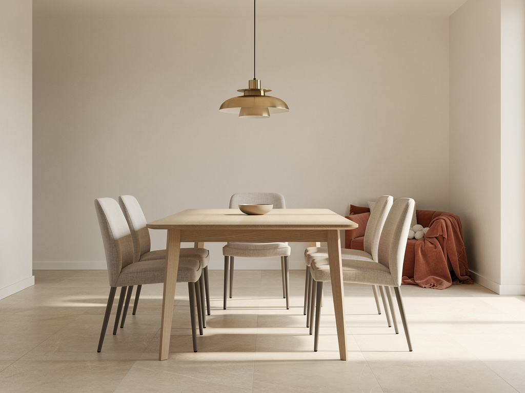 A bright, open dining area with a light oak table, linen chairs and clear walking space around it.