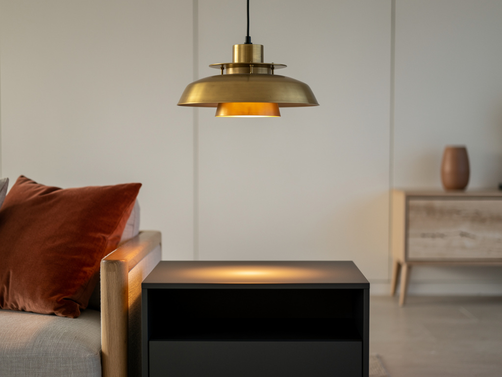 An aged-gold pendant light casting a warm glow over a graphite side table at dusk.