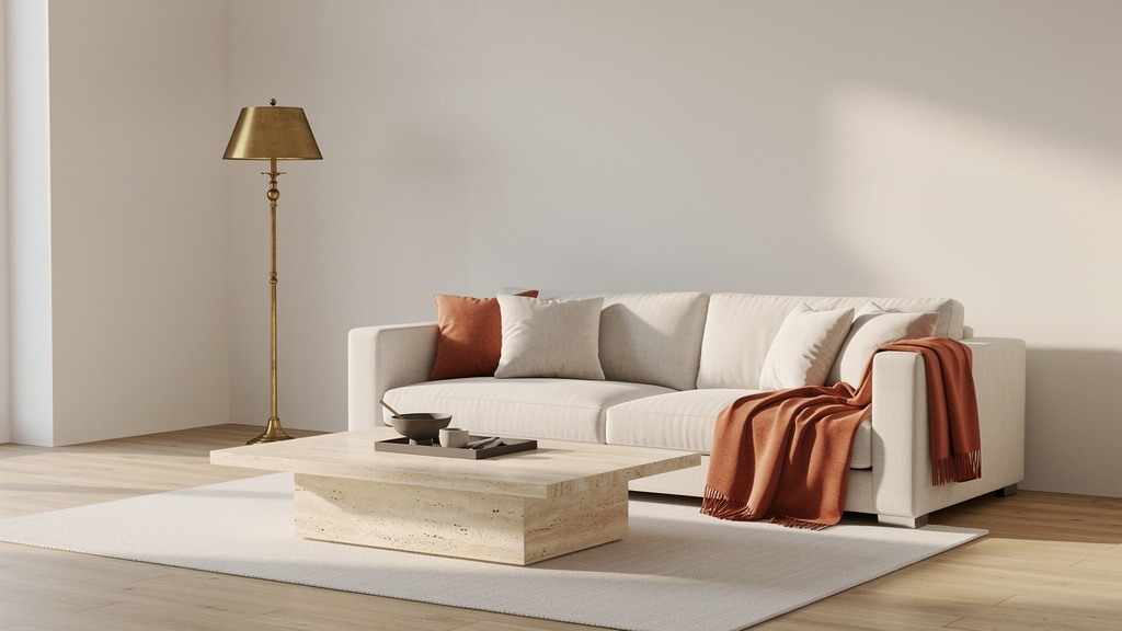 A wide, airy living room with a low linen sofa, a travertine coffee table, a terracotta throw and an aged-gold floor lam