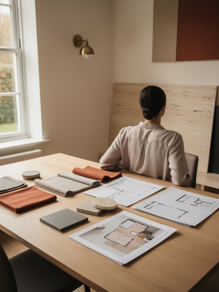 A designer seen from behind at a light oak studio table covered with fabric swatches, stone samples and floor plans by a